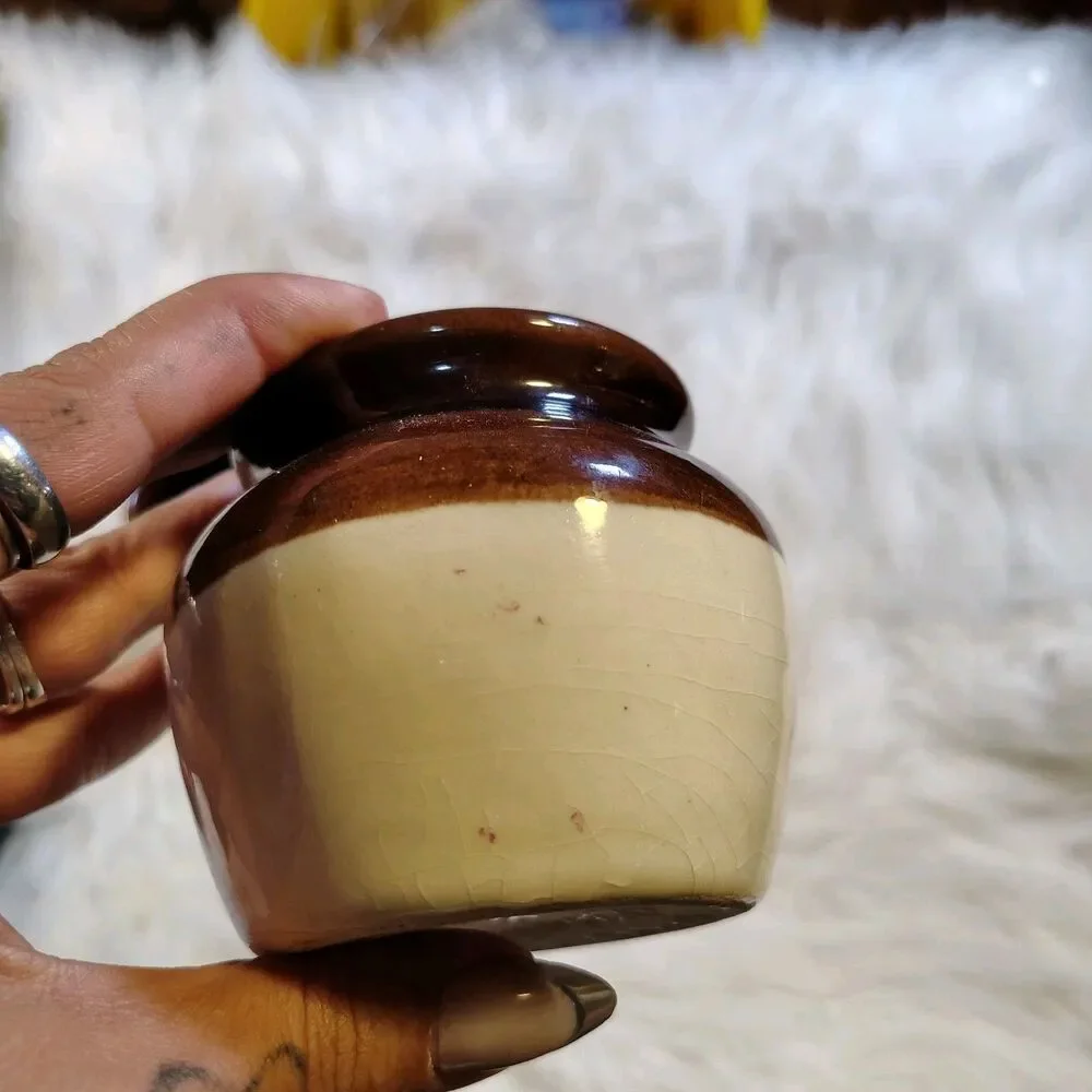 Burnham & Morrill CO Small Stoneware Bean Pot Brown & White Glaze Lot Of 2